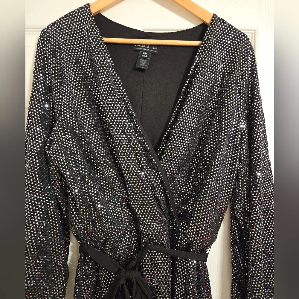 Alexa B Nites Faux Wrap Dress Black Sequin disco ball  size 14W NWT - Picture 5 of 11